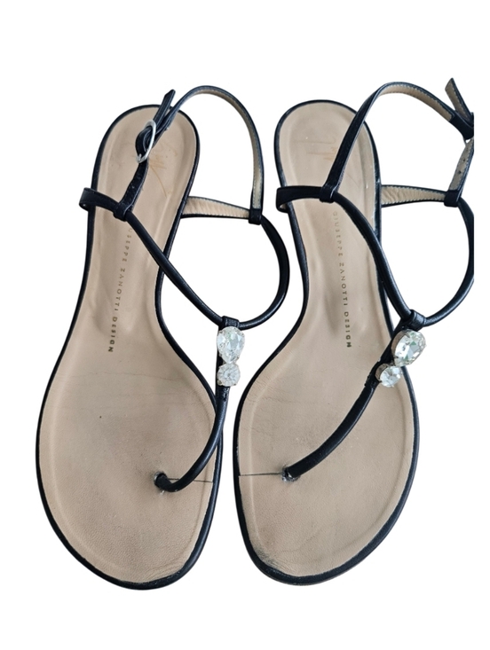 Giuseppe Zanotti Shoes - Giuseppe Zanotti  Black Leather T-Strap Sandals with Crystal Accent